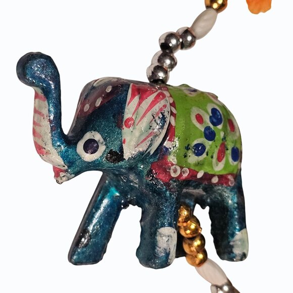 Elephant Wall Door Hanging 7 Trunk Up Paper Mache Elephants Beads PomPoms Bell - Picture 10 of 16